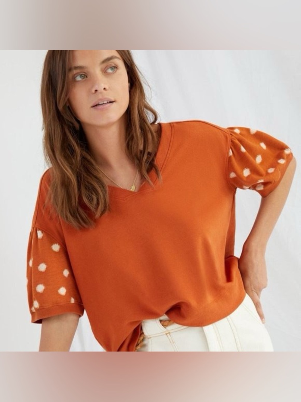 Anthropologie Women's Daily Practice Orange Rust Polka Dot Puff Sleeve Top L